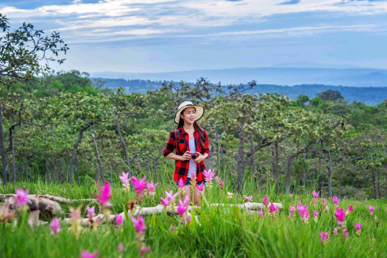 Woman in plaid shirt and hat stands in a field of pink flowers with trees and mountains.